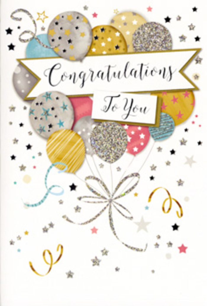 In this image, a sleek congratulations card stands upright, its front a carefully composed scene of celebratory whimsy that would feel at home in the creative heart of Spitalfields. A cluster of illustrated balloons rises from the lower portion of the card, spreading upward and outward like a festive bouquet. The balloons are coloured in a tasteful mix of metallic-inspired shades-antique gold, brushed silver, champagne, airy sky blue, soft blush pink, and cool grey-layered in a way that suggests gentle depth and dimension. Each balloon is embellished with a unique design: finely drawn stripes that curve smoothly around their forms, constellations of tiny stars, and subtle glitter-like speckles that hint at texture and shine, reminiscent of lights reflecting off the glass fronts of nearby market shops. From their bases flow thin, curling ribbons in gold and silver, visually linking the balloons and creating a sense of graceful motion down the front of the card. Draped across the centre of the cluster is a gently curving banner that holds the hand-lettered phrase Congratulations To You, written in an ornate yet readable script that exudes care and sincerity. The background is soft and understated, sprinkled with small metallic stars, swirls, and confetti dots that dance lightly around the main motif, like the last remaining decorations after a lively gathering in a Spitalfields warehouse venue. The overall impression is one of polished celebration, quietly luxurious yet exuberant, ideal for honouring milestones from promotions and graduations to creative successes. It pairs naturally with an artfully arranged bouquet delivered to a studio, gallery, or office in and around Spitalfields, extending the feeling of being genuinely seen and celebrated.