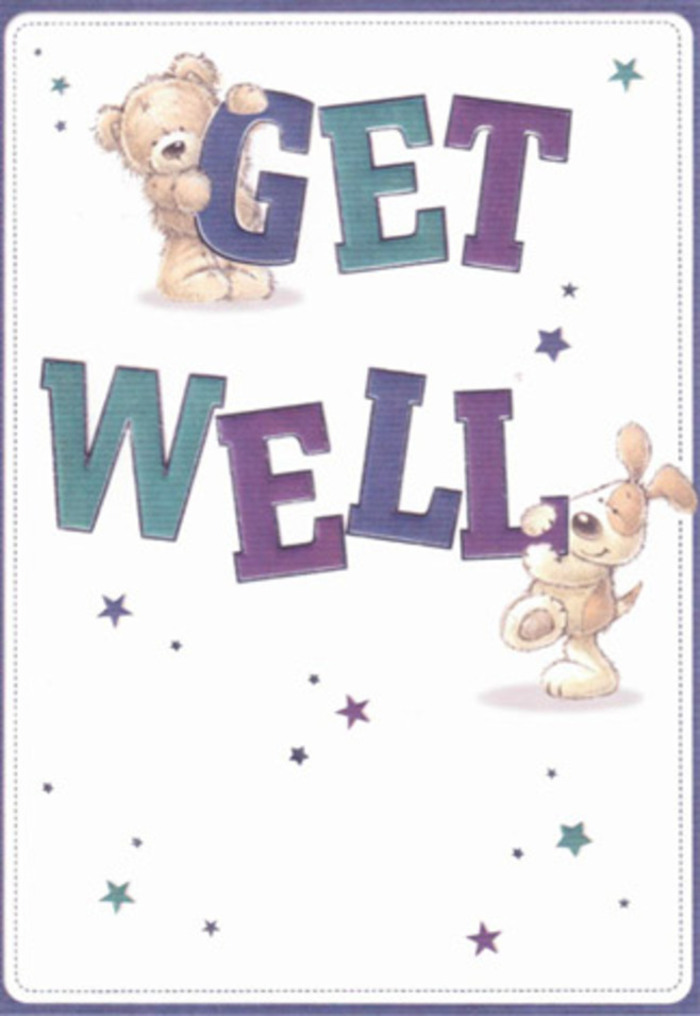 This charming card is a heartfelt tribute to encouragement, artistically rendered through the familiar forms of a gentle teddy bear and a joyful puppy. Playful stars scatter like blessings overhead, adding bursts of hope to a scene grounded in crisp, clean design. The oversized 'Get Well' typography, shaded in Spitalfields-inspired purples and aquas, conveys a robust sense of support and cheerfulness, reminiscent of the welcoming atmosphere along Fournier Street. The tactile quality of fur and soft ears is nearly palpable, evoking the sensation of running a hand over a freshly arranged bouquet behind a historic Spitalfields window. The entire scene breathes with optimism and gentle care, making this card a fitting companion to flowers delivered to lift a friend's spirits, its energy woven from the rich artistic legacy and vibrant community that define Spitalfields.