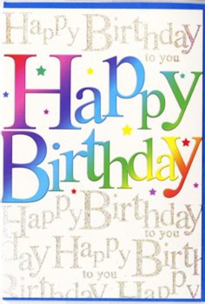 Laid flat as though ready to be photographed beside a bunch of fresh blooms from a Spitalfields flower stall, this birthday card feels like a little festival of colour on cardstock. At the centre, the phrase Happy Birthday runs confidently from left to right in large, bold letters that command attention without feeling stiff. Each letter glows with its own shade, forming a sweeping rainbow that shifts from dark ruby and cherry red through hot pinks and fiery orange to mellow gold and lemon yellow, before sliding into new-leaf green, turquoise, ocean blue, and a touch of lavender. The colours blend gently where they meet, as if airbrushed, creating a gradient that suggests movement and life, much like the ever-changing displays along Commercial Street. The typography has rounded edges and a soft, modern style that makes the card feel approachable and fun. Surrounding this main greeting, the background is densely filled with fine gold script, repeating Happy Birthday to you over and over in neat, looping lines. The handwriting-style script is elegant and consistent, giving the sense that someone has written the sentiment many times with real affection. The metallic gold ink adds a subtle sparkle when light hits it, recalling the glint of evening lights across Old Spitalfields Market's ironwork roof. Delicate specks and tiny stars in complementary colours are scattered among the lines, like confetti caught mid-air, adding to the sense of a party in full swing. The surface appears smooth and lightly glossy, likely cool to the touch, with enough sheen to look polished but not overly reflective. It's exactly the sort of card Flower Delivery Spitalfields might choose to accompany a joyful birthday arrangement-rich in detail, visually uplifting, and designed to make the recipient feel genuinely celebrated.