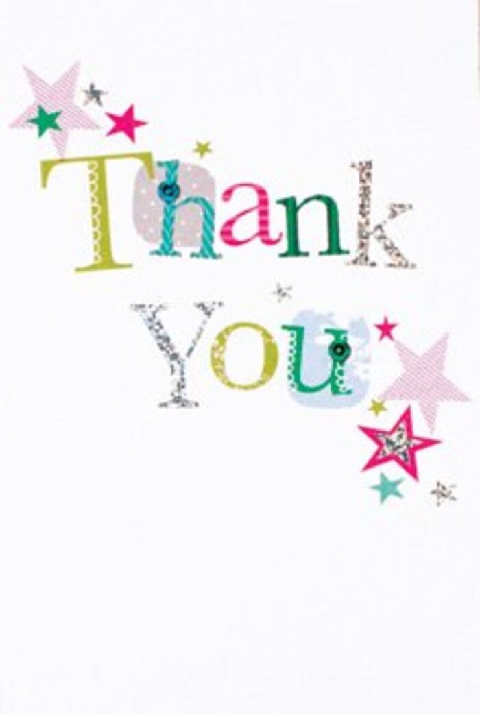 This thank you card weaves together grace and exuberance, much like Spitalfields' unique blend of old-world charm and modern energy. Each letter of 'Thank You' radiates its own personality-some whimsical with spots and lively curves, others poised and elegant. Vibrant stars, striped in pink or awash in bright turquoise or shimmering silver, drift in clusters around the message, infusing the card with the feel of stardust settling after a festival on Hanbury Street. The design is airy and contemporary, set against a pristine white background that feels as expansive as the market square at sunrise. There's both sophistication and ease here; the card never leans too formal, making its warmth universally appealing. Just like a bouquet arranged by a Spitalfields florist for any occasion-every petal and shape a token of authentic gratitude-this card brings moments of genuine cheer, destined to sit proudly beside a gathering of fresh blooms and memories shared among friends.