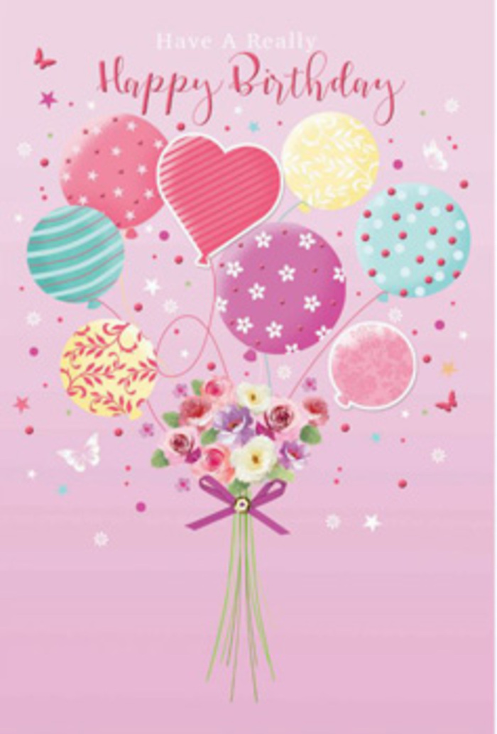 There is a quiet yet joyful energy in this birthday card illustration, reminiscent of stepping into a cosy Spitalfields café and spotting a bouquet on the counter. The scene is framed by a soft pink background, against which a bundle of pastel balloons appears to float upwards with easy grace. Each balloon has its own character and style: some twist with ribbons of candy-coloured stripes, others are scattered with lively dots, and a few feature delicate swirls and floral touches. At the centre of the cluster, a heart-shaped balloon glows gently, its rosy tones symbolising affection and warm birthday wishes. The colours-rose pink, seafoam green, lavender, and pale lemon-blend into a soothing pastel palette that feels both modern and nostalgic. Anchored below is a carefully gathered bouquet of fresh blooms, as if just arranged by a local florist for delivery around Spitalfields and Shoreditch. Petite roses and daisy-like or anemone-style flowers nestle together, their petals soft and layered in shades of cream, blush, and hushed mauve. A satin purple bow ties the stems neatly, adding a small, polished flourish that catches the eye without overwhelming the design. Around the bouquet, tiny butterflies and star-shaped accents flit and sparkle, offering a touch of fantasy reminiscent of the creativity seen in Spitalfields' independent boutiques and art spaces. The overall lighting is gentle and diffused, highlighting the delicate curves of each petal and the subtle sheen of the balloons. This composition captures the feeling of a thoughtful birthday surprise-light, whimsical, and lovingly crafted, much like a hand-delivered bouquet on a special day.