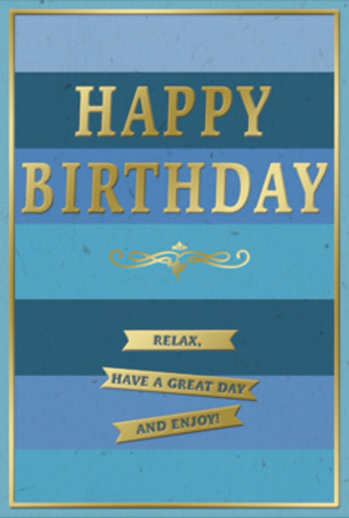 A beautifully composed birthday card in layered blues and gold is shown as though it might be opened in a light-filled flat overlooking Spitalfields Market. The card face is dominated by broad, horizontal stripes of blue that blend seamlessly into one another, creating a softly graduated ombre effect. At the bottom, the blue is deep and velvety, reminiscent of midnight skies, and as your eye travels upward, the tones gradually shift into ocean blue, muted teal, and finally a calm sky blue at the top edge. This measured transition of colour gives the card a sense of depth and tranquillity, as if time itself were gently unwinding. In the centre of these bands, the words HAPPY BIRTHDAY are embossed in bold, shining gold capitals. The metallic text is slightly raised, offering a tactile contrast to the smooth, matte surface of the blues, and the light that hits it creates a quiet glimmer-more like the soft glow of evening over nearby Brushfield Street than a harsh glare. Directly beneath the main greeting, an ornate golden flourish is delicately placed, curving gracefully from left to right in a nod to traditional, hand-drawn scrollwork. Below this flourish sit three slim, gold banners, each a little horizontal ribbon carrying part of the friendly message: Relax, have a great day and enjoy! The repetition of horizontal lines-from the blue stripes to the banners-brings a calm rhythm to the design. A narrow gold border frames the entire front of the card, adding a crisp edge that feels considered and complete, much like the thoughtful displays in Spitalfields' boutiques. The overall impression is one of calm celebration and urban elegance, a card perfectly suited to accompany a hand-delivered birthday arrangement arriving at a converted warehouse, a creative studio, or a cosy flat tucked between Spitalfields and Shoreditch.