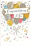 The photograph presents a refined congratulations card, set upright as though it has just been placed beside a vase of fresh flowers in a Spitalfields townhouse. Its front design centres on a buoyant collection of balloons, drawn with a soft, luminous metallic effect that hints at gold, silver, champagne, sky blue, blush pink, and misty grey. These balloons overlap in a relaxed bouquet, each one unique: some wear fine stripes that hug their rounded shapes, others sparkle subtly with clustered stars or delicate glitter-like spots, capturing the playful yet sophisticated energy you might feel wandering Old Spitalfields Market. Thin, winding ribbons stream down from the base of the balloons, inked in shimmering gold and silver lines that loop and curl with an easy, celebratory rhythm. Cutting gracefully across the middle, a curved banner holds the message Congratulations To You in flowing calligraphy, the letters elegantly sweeping from one side to the other, lending the card an air of thoughtful, personal praise. The background remains mostly light and uncluttered, gently animated by scattered stars, confetti dots, and swirling accents that swirl around the balloons like the echo of music from nearby Brick Lane cafés. The mood is undeniably festive yet tasteful, perfectly suited to acknowledging a promotion in a City office, a graduation, or a creative accomplishment in one of the local studios. Much like a hand-tied bouquet delivered through the streets of Spitalfields, this card feels like a tangible expression of joy and admiration, turning a simple well done into a keepsake moment of shared celebration.