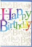 This birthday card has the lively, creative feel of something you might discover in a boutique near Spitalfields Market, full of personality and colour. The front features the words Happy Birthday written in generous, rounded letters that stretch confidently across the card. Each letter is filled with a lush wash of colour, moving smoothly through the spectrum-from deep crimson and berry tones into bright fuchsia, ember orange, and sunrise yellow, then flowing onward into vibrant greens, cool aquas, deep nautical blues, and gentle purples. The blending between shades is soft and almost painterly, giving the impression of carefully layered pigment rather than flat blocks, which lends the whole phrase a glowing, almost three-dimensional quality. Behind this central greeting, the background is entirely covered in repeating lines of fine gold script that say Happy Birthday to you. The handwriting-like script is petite and elegantly curved, forming a rhythmic pattern that hums quietly behind the louder, bolder lettering, like the background buzz of conversation in a busy café off Brick Lane. The metallic gold ink catches the light with delicate flashes, never garish, more like subtle jewellery than glitter. Tiny, scattered stars and dots in coordinating colours are sprinkled throughout, invoking confetti and the carefree joy of a party. The card's surface appears sleek and slightly reflective, smooth under the fingertips, with a finish that enhances both the vibrant rainbow letters and the shimmering gold text. Overall, this is a modern, uplifting birthday card that would sit beautifully beside a colourful bouquet delivered anywhere around Spitalfields, adding a bright, heartfelt note to someone's special day.