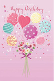 This birthday design feels like a little celebration above the rooftops of Spitalfields, drifting softly across a blush-pink sky. A cluster of pastel balloons rises from the centre, as if caught by a gentle breeze that might carry them over Old Spitalfields Market or down the nearby laneways. Each balloon is distinct: some are dressed in swirling, candy-striped ribbons, others are sprinkled with playful polka dots, while a few carry delicate floral motifs and starry accents. A heart-shaped balloon glows warmly at the centre of the group, adding a tender note of affection that suits a heartfelt birthday message. The palette of colours-dusty rose, minty sea green, pale lavender, and soft lemon yellow-blends into a dreamy, harmonious wash of pastels. Anchoring this airy cluster is a hand-tied bouquet of roses and anemone-like blooms, arranged as if freshly crafted by Flower Delivery Spitalfields. The blossoms gather tightly in shades of creamy ivory, blush pink, and gentle mauve, their velvety petals overlapping in soft, full layers that suggest freshness and care. A violet satin bow secures the stems, its sheen creating a graceful contrast to the matte softness of the petals. Around the flowers, tiny butterflies and shimmering star shapes dance through the scene, echoing the creative, artistic spirit of Spitalfields and nearby Brick Lane. The light in the illustration is gentle and even, catching the curvature of each balloon and the natural highlights on each petal. Altogether, this artwork conveys an atmosphere of light-hearted joy and intimate celebration, like receiving a delicately wrapped bouquet and card on a birthday morning.