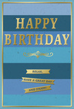 This birthday card, imagined on a wooden table in a Spitalfields café, combines soothing blues with graceful gold accents to create a feeling of relaxed celebration. The background is made up of broad horizontal stripes that stretch completely across the card, each band a slightly different shade of blue. Starting from a deep navy at the base, the tones gradually transition through ocean and teal into a gentle sky blue near the top, forming a smooth ombre gradient that feels calm and expansive, like looking up at the changing sky above the old market buildings. In the centre of these stripes, the words HAPPY BIRTHDAY appear in large, embossed gold letters. The metallic finish lends the text a subtle shimmer, and the raised letters would feel distinct against the smoothness of the card stock if you ran your fingers over them. Below the greeting, a fine golden flourish curves delicately from side to side, adding a touch of vintage charm that softens the clean, modern layout. Beneath this, three slender gold banners are stacked neatly, each one holding part of the friendly message: Relax, have a great day and enjoy! These banners echo the horizontal theme of the design, reinforcing the sense of order and ease. A thin gold border frames the entire card, giving it a finished, gallery-like quality, reminiscent of framed prints in the local art spaces around Brick Lane and Shoreditch. The result is a card that feels thoughtful and stylish, ideal to sit beside a fresh birthday bouquet delivered by a Spitalfields florist to a loft, office studio, or a hidden courtyard flat just off Commercial Street.